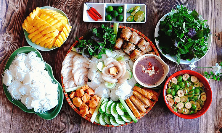 Bun dau mam tom with fried tofu, Cha com and nem Vietnam
